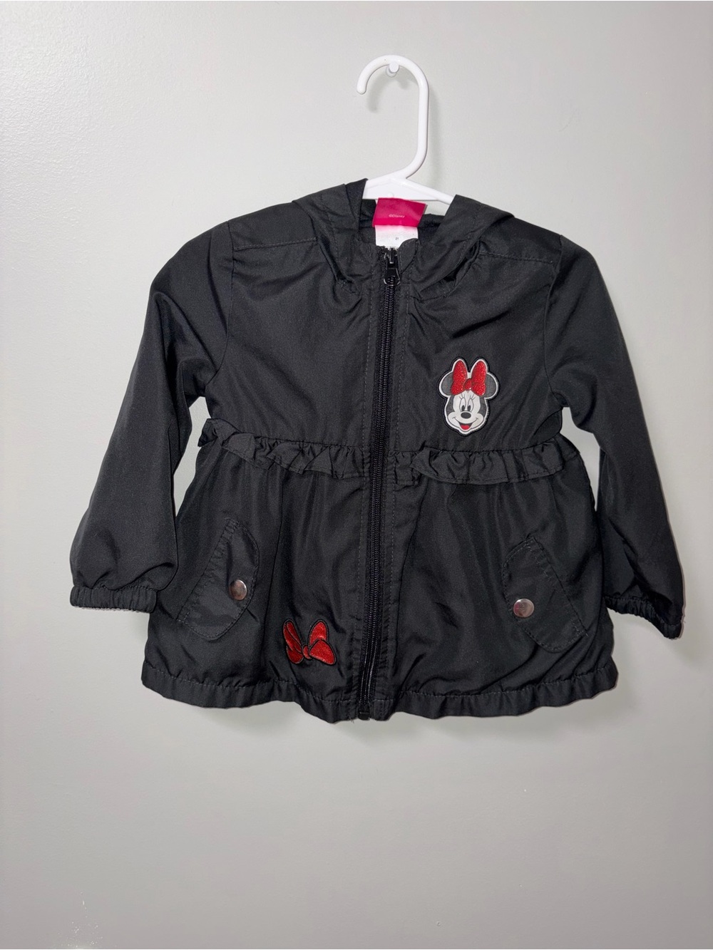 Disney Minnie Mouse Black & Red Hooded Bow Ears Zip Up Rain Jacket 2T